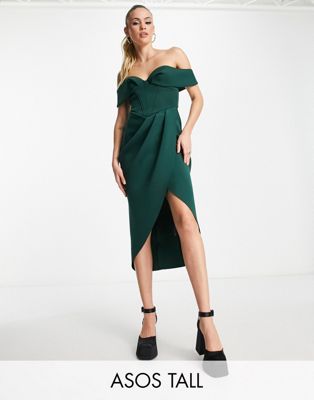 ASOS DESIGN Tall off shoulder corset midi dress in forest green