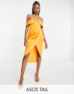 Asos Tall Asos Design Tall Off Shoulder Corset Midi Dress In Marigold-yellow