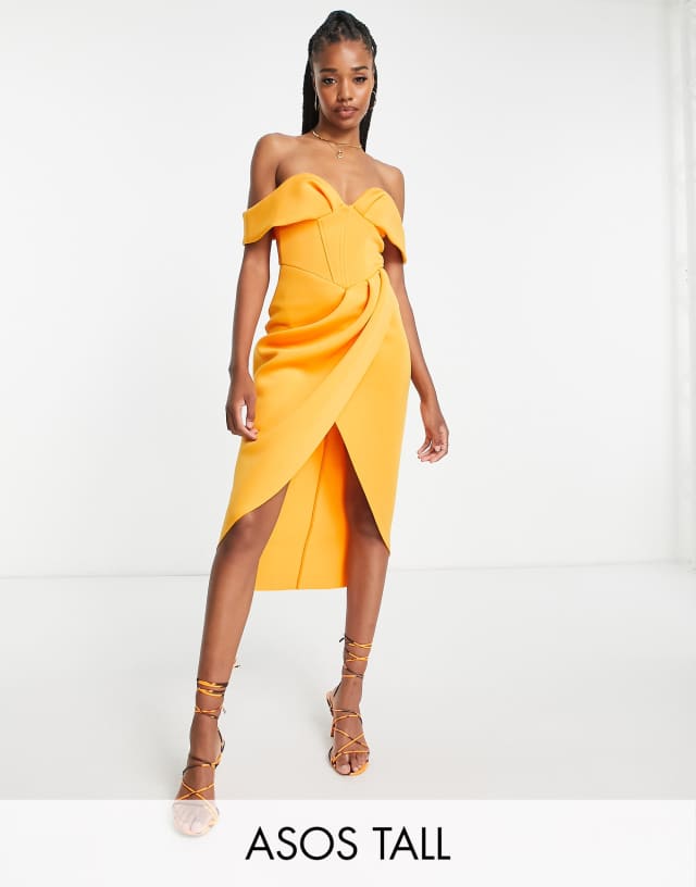 ASOS DESIGN Tall off shoulder corset midi dress in marigold