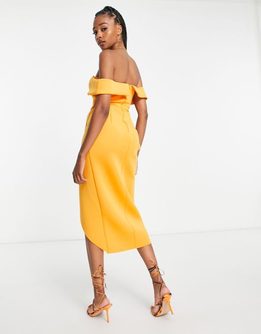 ASOS DESIGN Tall off shoulder corset midi dress in marigold