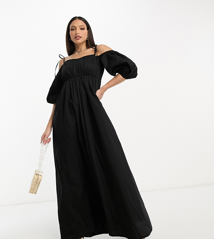 ASOS DESIGN Tall off shoulder cotton maxi dress with ruched bust detail in black