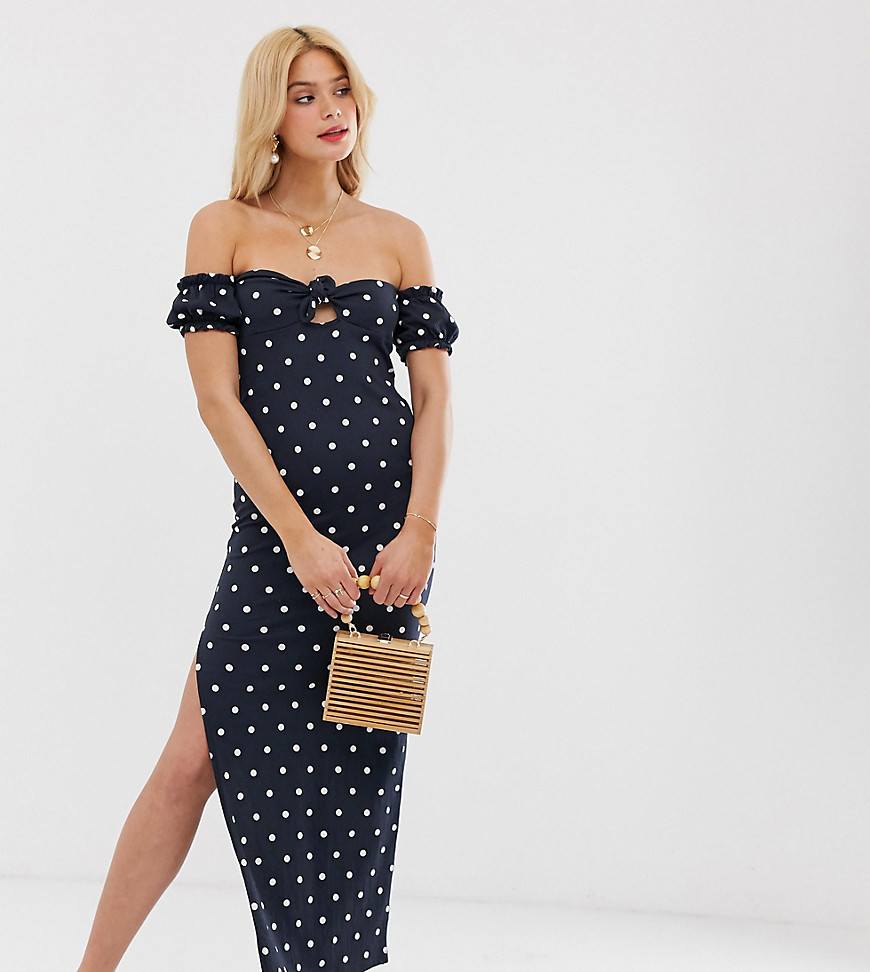 ASOS DESIGN Tall off shoulder crinkle maxi sundress with puff sleeve in spot print-Multi