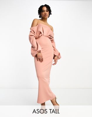 Asos Tall Asos Design Tall Off Shoulder Long Sleeve Pencil Midi Dress In Blush-neutral