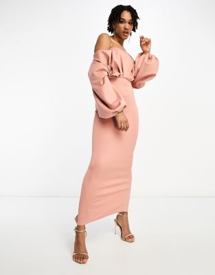 ASOS DESIGN Tall off shoulder long sleeve pencil midi dress in