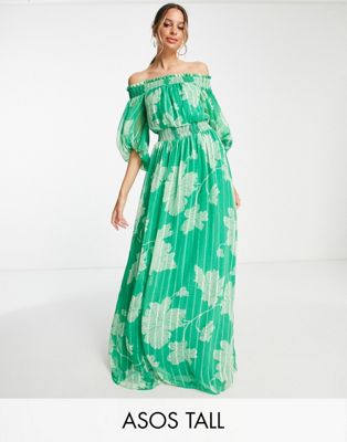 ASOS DESIGN Tall Off shoulder maxi dress with blouson sleeve in self stripe in meadow floral