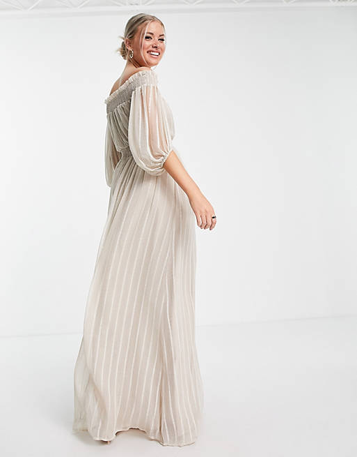 Women Tall Off shoulder maxi dress with blouson sleeve in self stripe in stone 