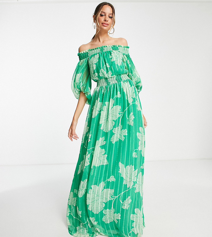 ASOS DESIGN Tall off-shoulder maxi dress with blouson sleeves in self stripe in meadow floral-Multi