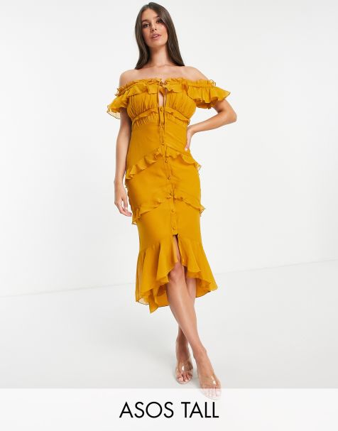 ASOS DESIGN Tall off shoulder midi dress with button front and ruffle detail - view 1