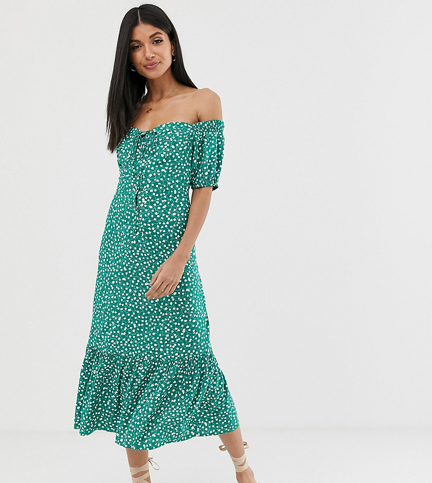 ASOS DESIGN Tall off shoulder midi dress with pephem in ditsy floral print-Green