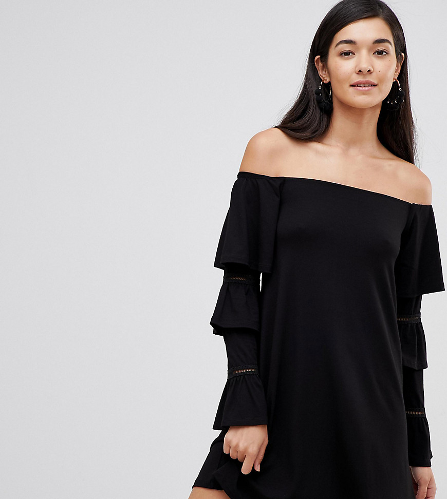 ASOS DESIGN Tall off shoulder mini dress with frill sleeve detail-Black