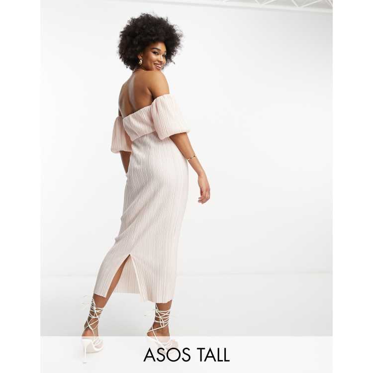 ASOS DESIGN Tall off shoulder puff sleeve plisse midi dress in peach blush