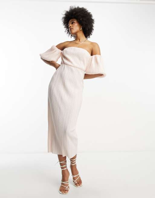 ASOS DESIGN Tall off shoulder puff sleeve plisse midi dress in