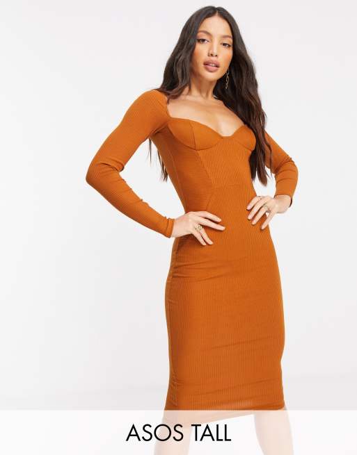 ASOS DESIGN Tall off shoulder paneled sleeve midi dress in caramel | ASOS