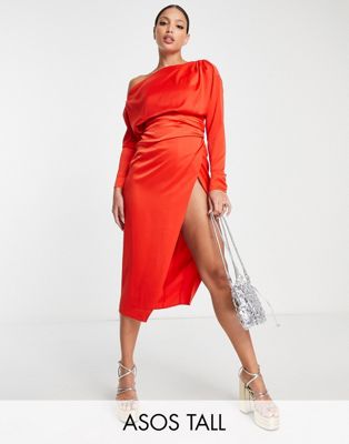 ASOS DESIGN Tall off shoulder satin midi dress with tuck detail bodice in red