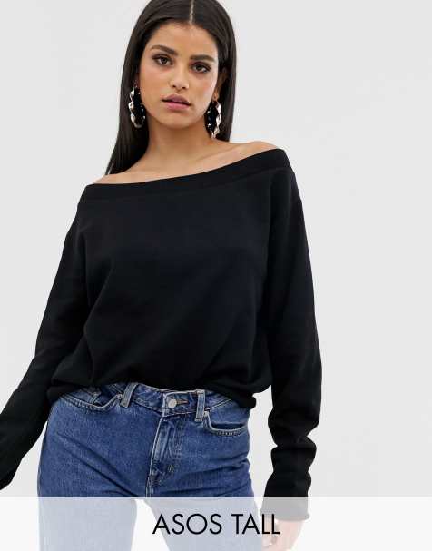 ASOS DESIGN Tall off shoulder sweatshirt with raw edges in black