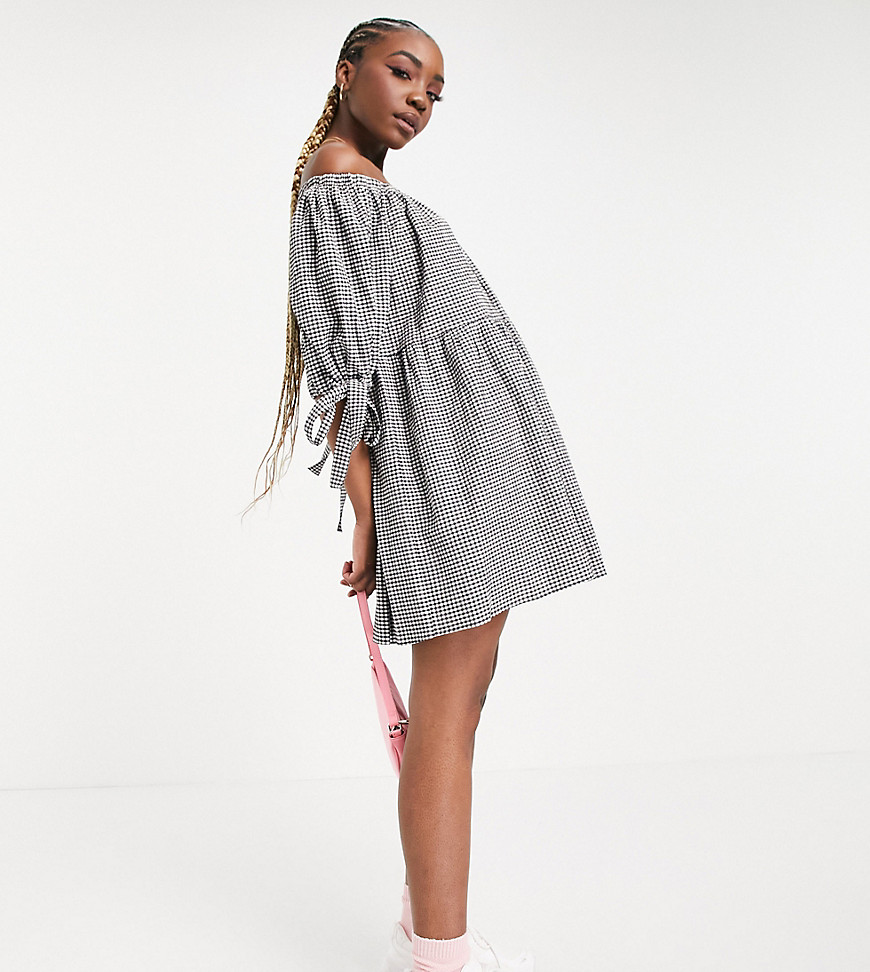 ASOS DESIGN Tall off shoulder tiered mini dress with tie sleeves in black and white gingham-Multi