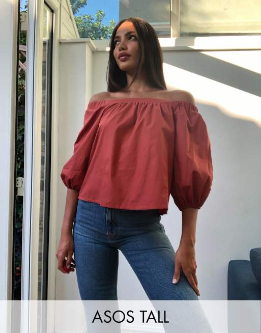 ASOS DESIGN Tall off shoulder top in cotton with volume sleeve in rust