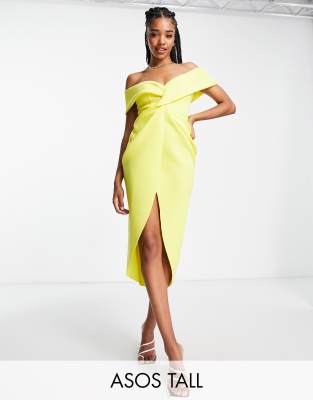 ASOS DESIGN Tall off shoulder twist front wrap midi pencil dress in lemon-Yellow