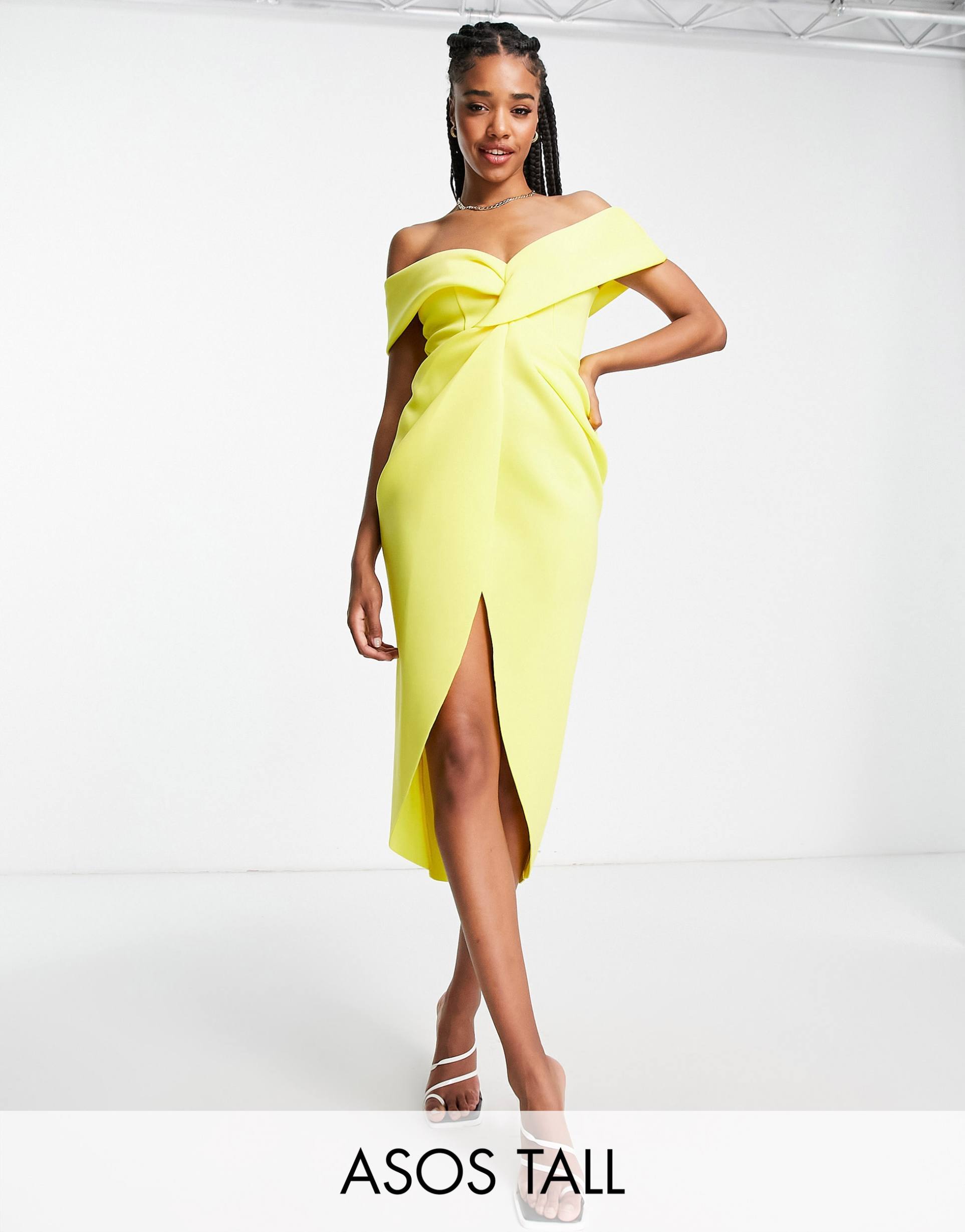 asos design tall off shoulder twist front wrap midi pencil dress in lemon