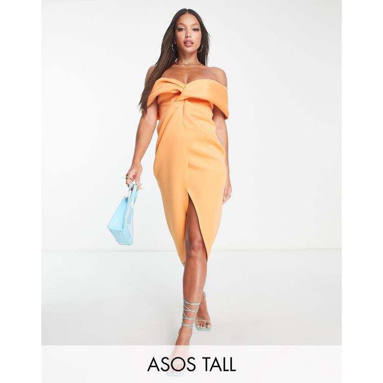 ASOS DESIGN Tall off the shoulder front twist midi dress in