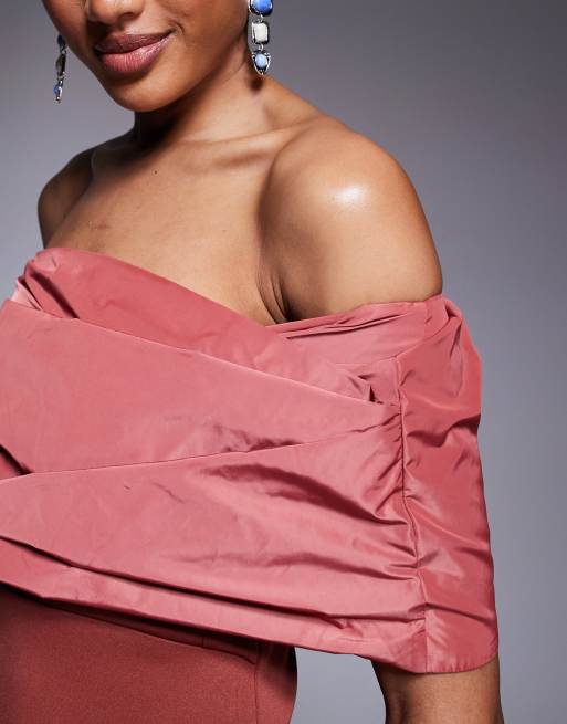 ASOS DESIGN Tall off the shoulder manipulated taffeta bodice detail midi dress in red