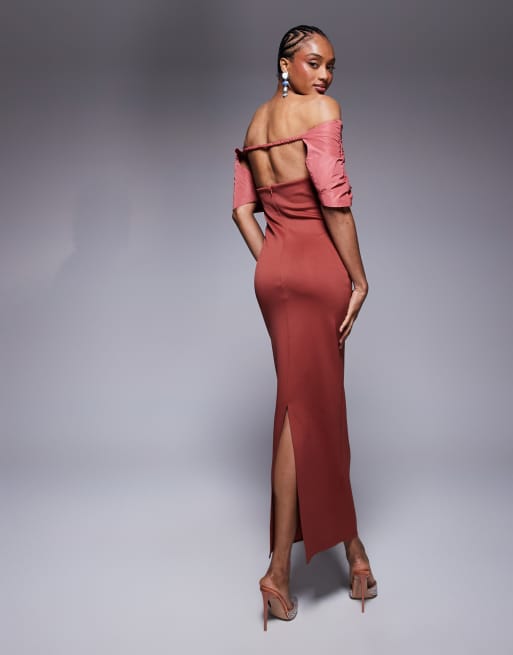 ASOS DESIGN Tall off the shoulder manipulated taffeta bodice detail midi dress in red, 3 of 4