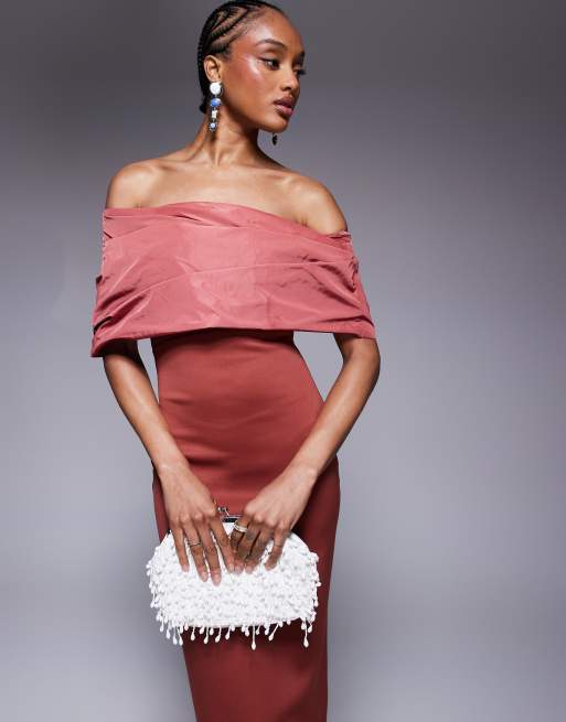 ASOS DESIGN Tall off the shoulder manipulated taffeta bodice detail midi dress in red