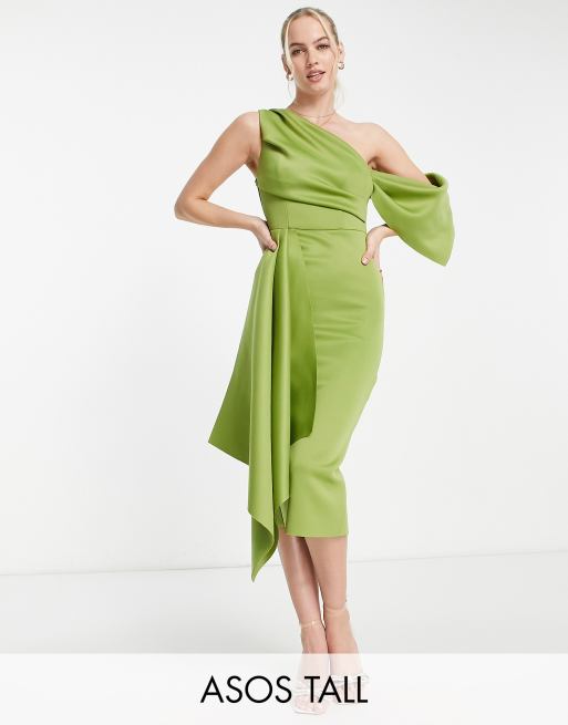 ASOS DESIGN Tall – Oliwkowa sukienka ołówkowa midi z odsłoniętymi ramionami i falbanką