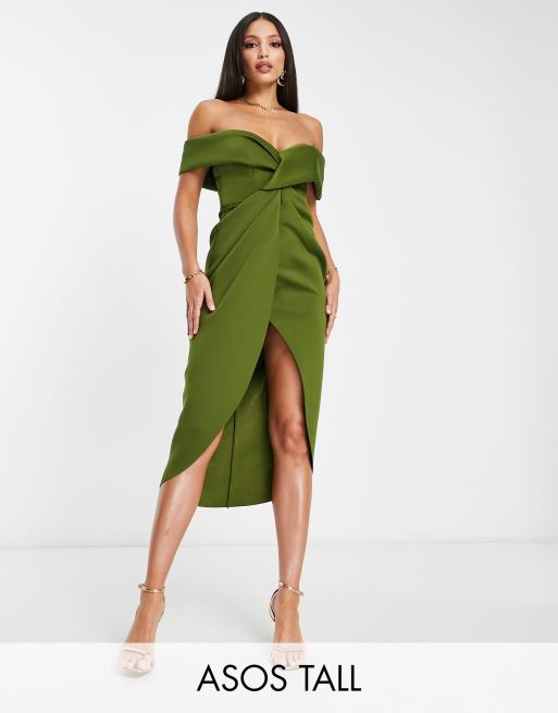 ASOS DESIGN Tall – Oliwkowozielona sukienka midi z odsłoniętymi ramionami i ozdobnie skręconym przodem