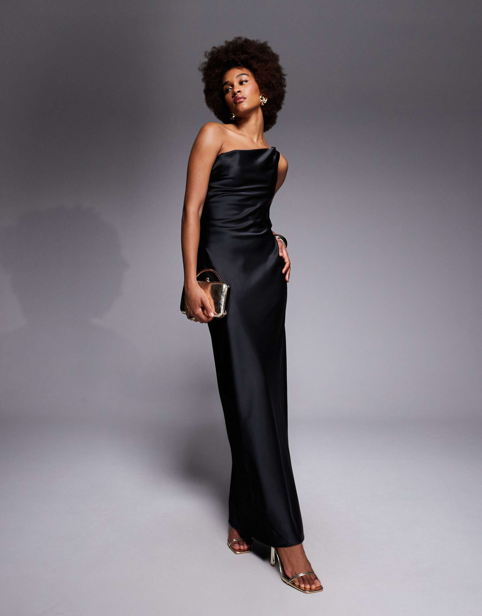asos design tall one-shoulder asymmetric drape satin maxi dress in black