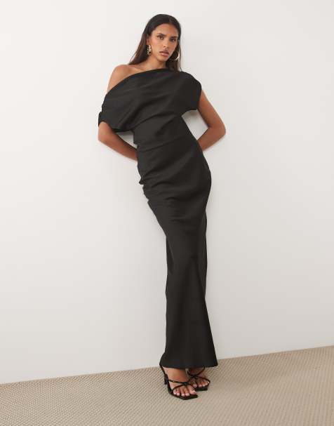 ASOS DESIGN Tall one shoulder asymmetric satin maxi dress in black - view 1