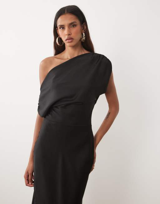 ASOS DESIGN Tall one shoulder asymmetrisk satin maxikjole i sort, 2 af 4