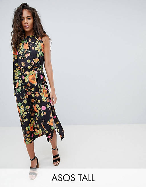ASOS DESIGN Tall One Shoulder Balloon Sleeve Midi Dress In Floral Print ...