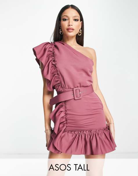 ASOS DESIGN Tall one shoulder detail belted frill mini dress in berry - view 1