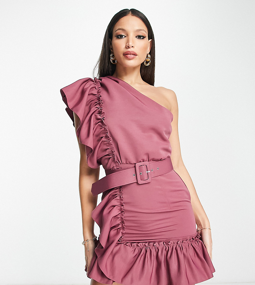 Asos Tall Asos Design Tall One Shoulder Detail Belted Frill Mini Dress In Berry-red