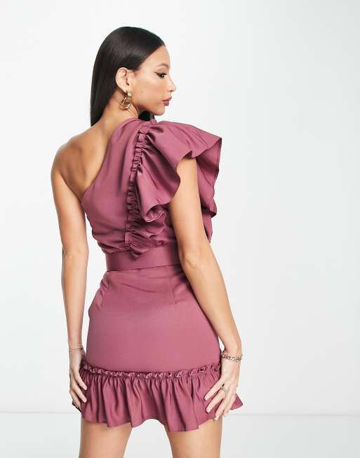 ASOS DESIGN Tall one shoulder detail belted frill mini dress in berry, 2 of 4