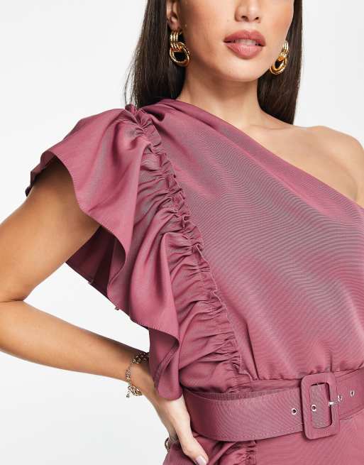 ASOS DESIGN Tall one shoulder detail belted frill mini dress in berry, 3 of 4