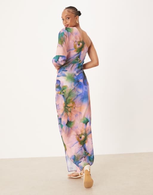 ASOS DESIGN Tall one shoulder drape midaxi dress in dark green floral print
