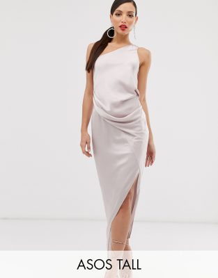 one shoulder satin midi dress