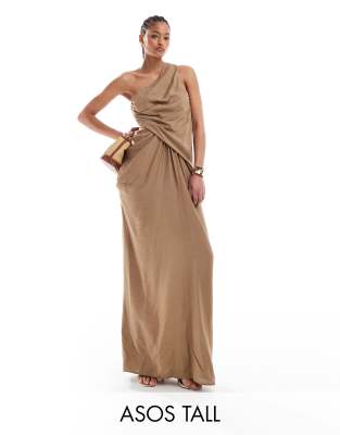 ASOS DESIGN Tall one shoulder draped maxi dress with full skirt in taupe-Brown