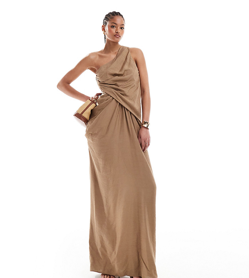 ASOS DESIGN Tall one shoulder draped maxi dress with full skirt in taupe-Brown