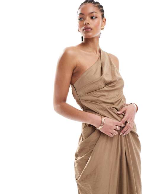 ASOS DESIGN Tall one shoulder draped maxi dress with full skirt in taupe