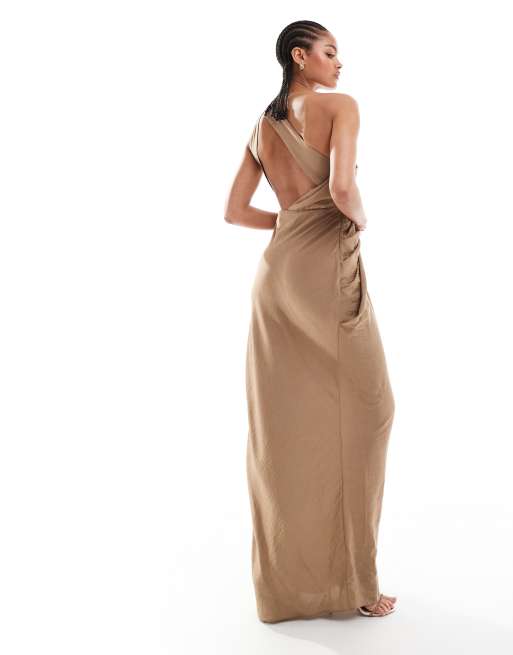 ASOS DESIGN Tall one shoulder draped maxi dress with full skirt in taupe ASOS