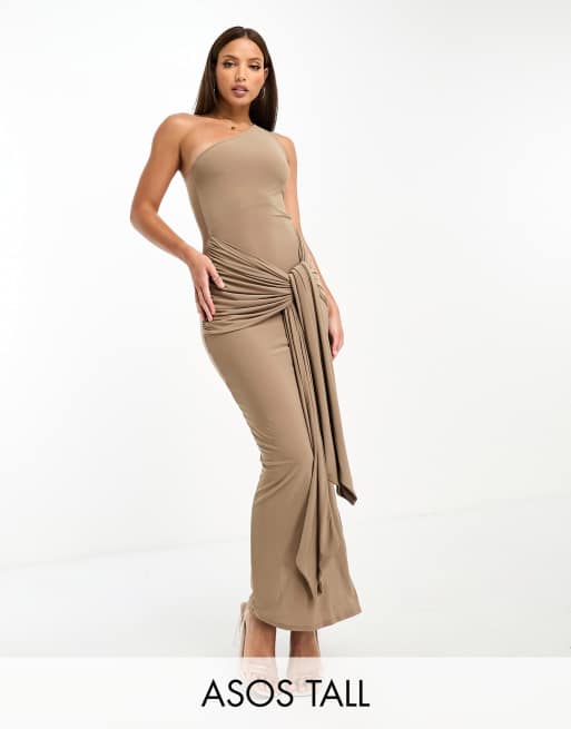 ASOS DESIGN Tall one-shoulder extreme knot sash midi dress in gray