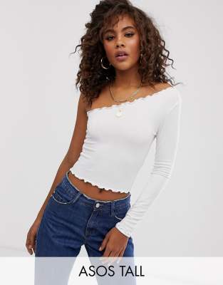 ASOS DESIGN Tall one shoulder long sleeve crop t-shirt with lettuce hem in white