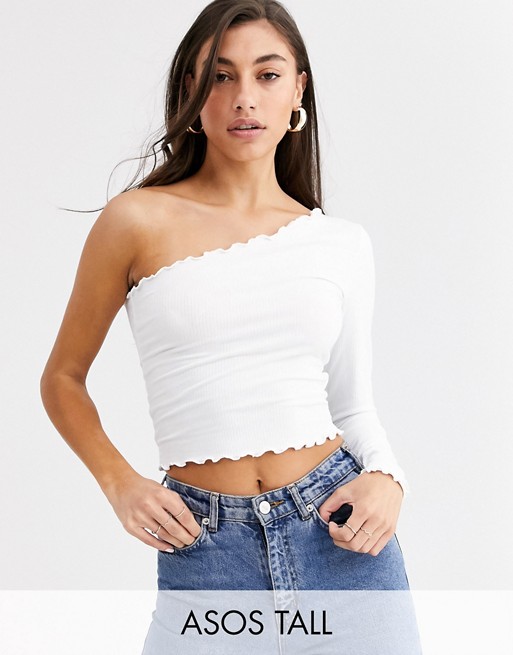 ASOS DESIGN Tall one shoulder long sleeve crop t-shirt with lettuce hem in white