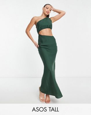 Asos Tall Asos Design Tall One Shoulder Maxi Dress In Washed Fabric With Cut Out Waist In Dark Green