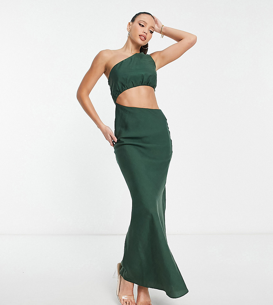 Asos Tall Asos Design Tall One Shoulder Maxi Dress In Washed Fabric With Cut Out Waist In Dark Green
