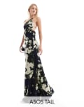 [ASOS Tall] ASOS DESIGN Tall one shoulder maxi dress with open back in black abstract print-Multi 4 Black abstract