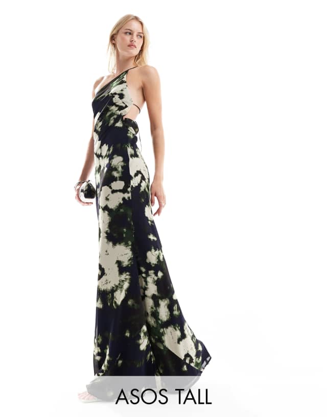 ASOS DESIGN Tall one shoulder maxi dress with open back in black abstract print